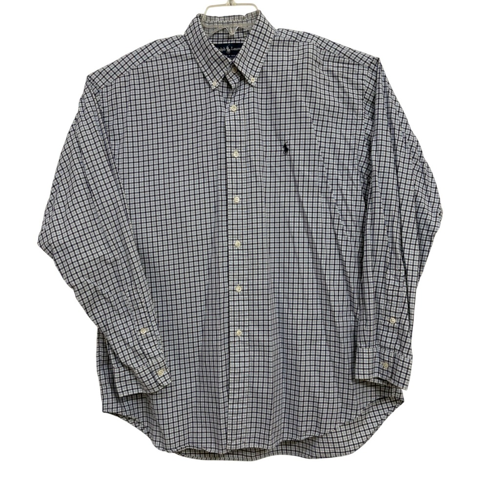 Vtg 90s Ralph Lauren Blake Shirt XL Blue White Microplaid 27.5 P2P Big Fit